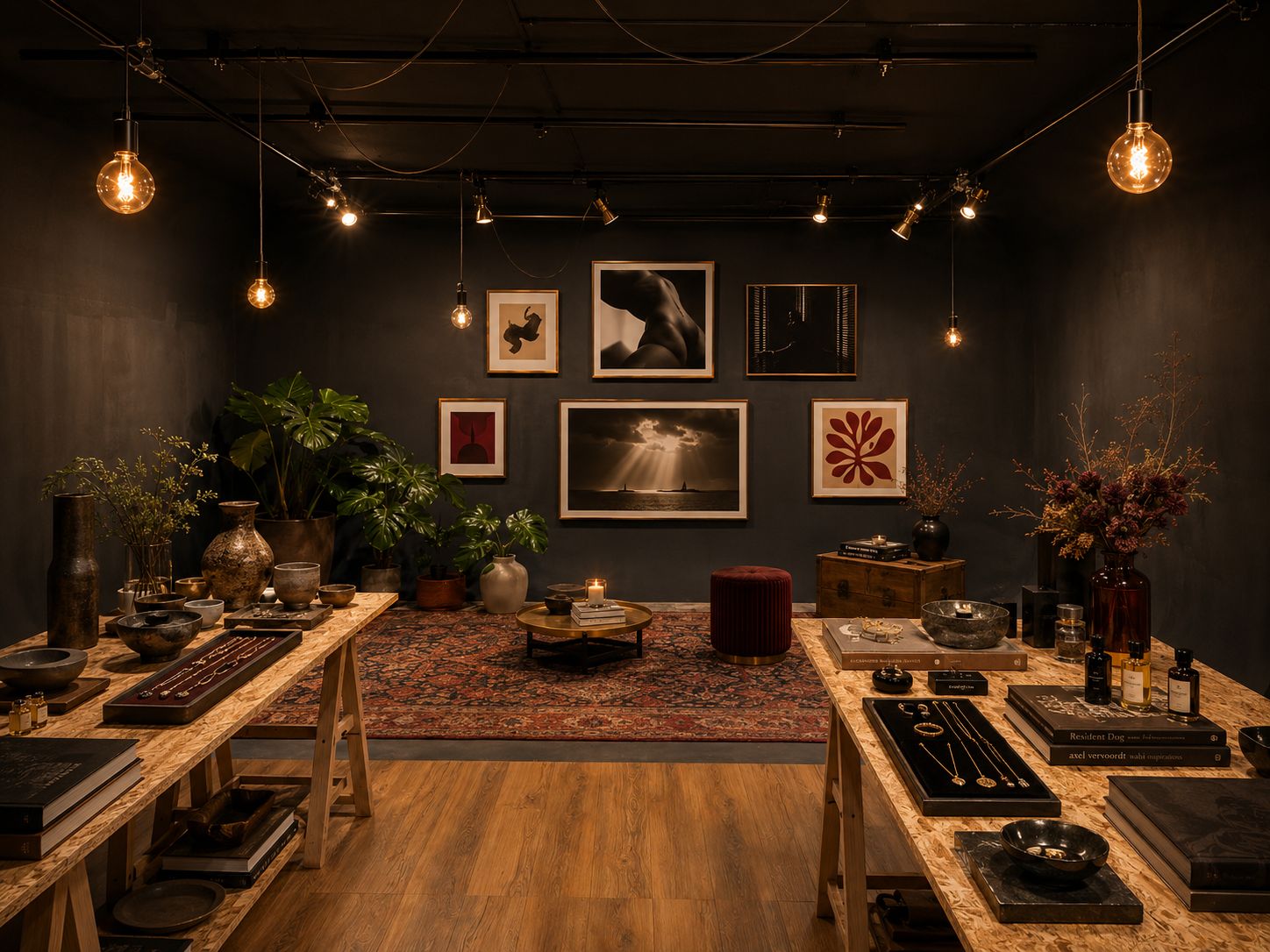 The Studio set as a pop-up: trestle tables laid with ceramics and jewellery, framed prints hung salon-style on the slate wall, Edison bulbs overhead.