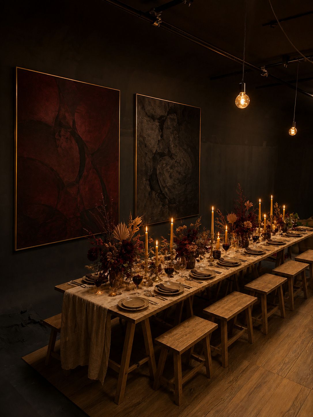 The Studio set for a supper club: a long trestle table down the room's spine, candles and dried flowers along the centre, large artworks on the slate plaster walls.