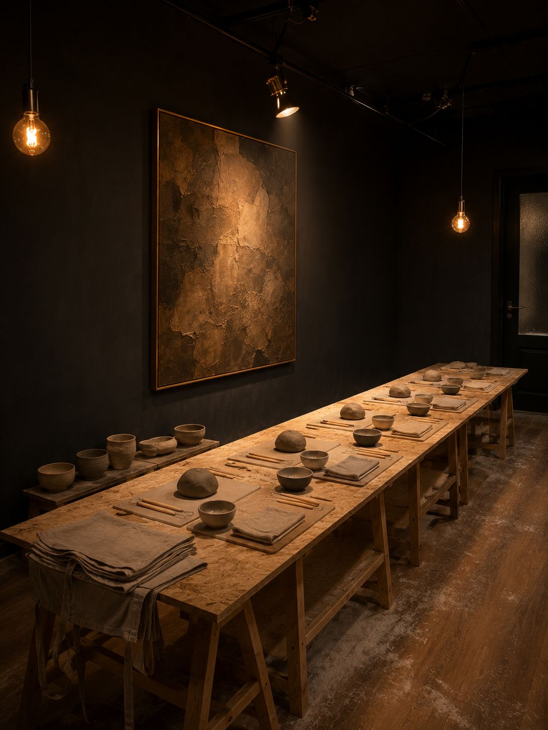 The Studio set for a ceramics workshop: unfired pots and folded linen cloths laid out in stations along the trestle workbenches.