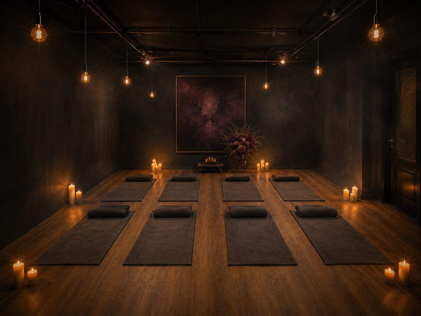 The Studio set for movement: mats laid in rows across the oak floor, candles along the walls and Edison bulbs dimmed overhead.
